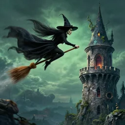 wicked witch flies past the tower on her broom.