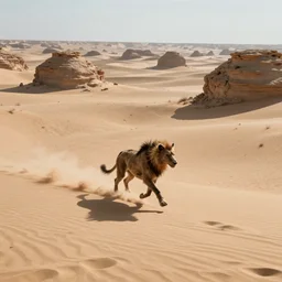 beast running across the empty desert sand, karst landscape, wide shot, fantasy concept art by greg rutkowski and wayne barlowe