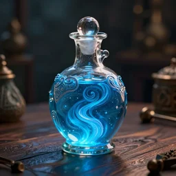 spirit potion containing swirling glowing blue liquid, beautiful intricate glass bottle, on a wooden table, dramatic moody lighting, fantasy, CGI, octane render, 8k