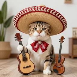 a mexican cat wearing a sombrero and using mexican instruments