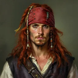 portrait of a young ruggedly handsome but charming pirate, male, freckles, masculine, upper body, red hair, long hair, d & d, fantasy, intricate, elegant, highly detailed, digital painting, artstation, concept art, matte, sharp focus, illustration, art by artgerm and greg rutkowski and alphonse mucha