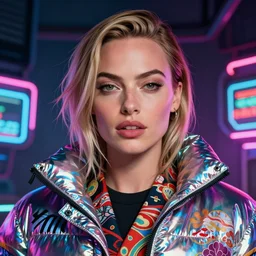 detailed portrait of margot robbie as a neon operator girl, cyberpunk futuristic, neon, reflective puffy coat, decorated with traditional japanese by ismail inceoglu dragan bibin hans thoma greg rutkowski alexandros pyromallis nekro rene margitte, illustrated, perfect face, fine details, realistic shaded, fine - face, pretty face