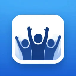 iphone app icon of people throwing their hands up in the air not literally, blue backdrop,