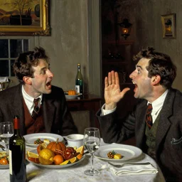 a drunken man yelling at his brother, thanksgiving dinner, by norman rockwell