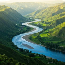 a lush green valley with a great meandering river, blue waters, morning light, sun, beautiful, landscape view, village by the river