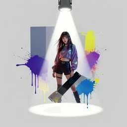 contemporary collage of a cyberpunk girl, spotlight, minimal, paint drips, mixed media, paint splatter, vibrant colors, futuristic clothing, rule of thirds, glitch art, by john baldessari, max ernst, david maljkovic