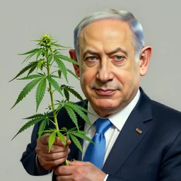 a caricature of Benjamin Netanyahu holding a giant marijuana plant, detailed face, digital art, highly detailed