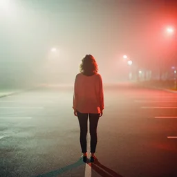 photograph of a woman from the back standing in an empty parking lot at night illuminated by red light post by mark owen. thick fog. pastel colors. kodak portra film!!. whirl bokeh!. mamiya 7. highly detailed. hq. photoreal. golden hour. lens flare. faded film.