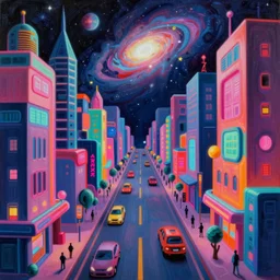 an extremely high quality hd surrealism painting of a 3d galactic neon complimentary-colored cartoony surrealism melting optically illusiony city street by kandsky and salvia dali the second, salvador dali's much much much much more talented painter cousin, clear shapes, 8k, ultra realistic, super realistic