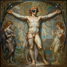 a guy standing like the vitruvian man, connected to wires and tubes, wearing goggles, cybernetic, dystopian, Neo Rococo Expressionist, Maximalism, orientalism, diffuse lighting, fantasy, intricate, elegant, highly detailed, lifelike, photorealistic, digital painting, artstation, illustration, concept art, smooth, sharp focus, art by John Collier and Albert Aublet and Krenz Cushart and Artem Demura and Alphonse Mucha