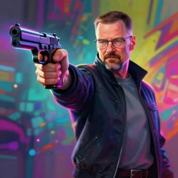portrait of walter white pointing a gun wing one hand, extended arm, by etam cru, cyberpunk color, colorfull rimlight, by surudenise, beautiful, epic camera, colorful background, refraction and reflexion, digital painting, dynamic colors, realistic anatomy, artstation, graffiti, neon