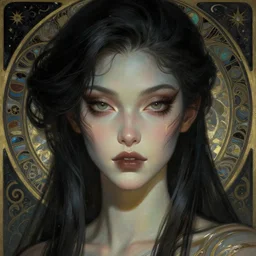 mystic dream nomad, attractive female, alien character design, goddess closeup filled background around face, fantasy magic, undercut hairstyle, dark light night, intricate, elegant, sharp focus, illustration, highly detailed, digital painting, concept art, matte, art by wlop and artgerm and greg rutkowski and alphonse mucha, masterpiece