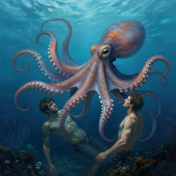 a dream fantasy painting of a octopus attack a man in the deep of the ocean, by beksinki, antonio j. manzanedo, greg rutkowski, carne griffith trending on artstation, deviantart, photorealism, detailed, 8 k