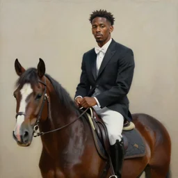 painting portrait of tyler the creator sitting on a horse, realistic, elegant