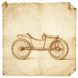 ancient technical schematics on parchment by leonardo da vinci of an automobile