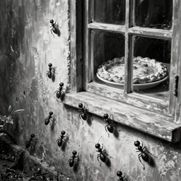 a line of ants heading up an outside wall towards a pie cooling in the window, in the style of beksinski, intricate and epic composition, black by caravaggio, insanely quality, highly detailed, masterpiece, white light, artstation, 4 k