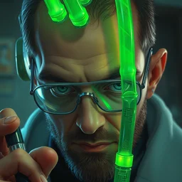 scientist, close up, looking at us, glowing green tubes in head, insanity, corruption, disdain highly detailed, digital painting, artstation, concept art, smooth, sharp focus, illustration, art by artgerm and greg rutkowski and alphonse mucha