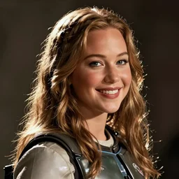 Jennifer Lawrence as Boba Fett, showing her face, long hair, smiling, film still from Star Wars