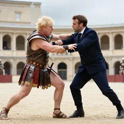 film still of a gladiator arena duel fight, boris johnson frantically violently wrestles emmanuel macron