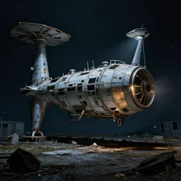 Beautiful depiction of a abandoned and derelict space station A single light enlighten the scene.