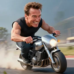 Arnold Schwarzenegger grinning maniacally while riding a miniature motorbike, hyperrealistic, concept art, illustration, 8k, cinematic, digital painting, very detailed, volumetric lighting, artstation, unreal engine, vivid colors