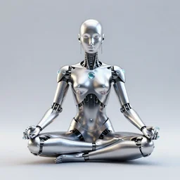 a metallic cyborg with glass ornaments achieving enlightenment while meditating