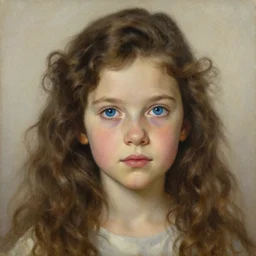 portrait of 6 5 years old woman with long curly brown hair and blue eyes, a lot of wrinkles, beautiful painting by artgerm and greg rutkowski