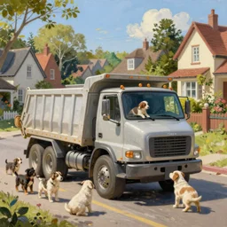 classic oil painting, a dump truck playing with puppies, as a dnd character, on a sunny populated suburban street, cottagecore, highly detailed, digital illustration, concept art, smooth, sharp focus, art by greg hildebrandt, and tim hildebrandt