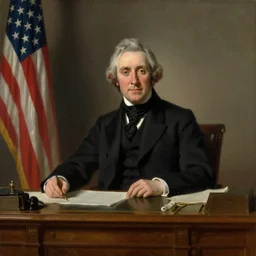 portrait of the united states president, suit and tie, sitting at the resolute desk, oil on canvas by william sidney mount - 1 9 9 8, trending on artstation