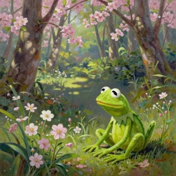 The first day of spring. The woods are in bloom, and Kermit the Frog has found some flowers. Oil painting by Natsuki Arayama