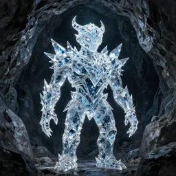 ice crystal golem in the back of a dark stone cave, intricate, elegant, sharp focus, highly detailed, concept art, digital painting, aleksi briclot, rutkowski, beksinski