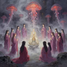 A painting of priestesses worshipping at the jellyfish temple, shrouded in mist, 8K, illustration, art by artgerm and Makoto Shinkai and Hitoshi Ashinano, smoke, cinematic, atmospheric, insanely detailed and intricate, hypermaximalist, elegant, super detailed, award-winning, puce and vermillion, mysterious, ancient, ritual