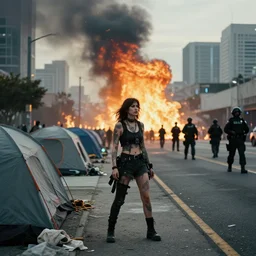 Candid extreme wide shot of a poor techwear mixed woman with tattoos outside of a futuristic Los Angeles on fire, homeless tents on the side of the road, military police, cyberpunk, 4k, extreme long shot, desaturated, full shot, action shot, blurry, sigma 85mm f/1.4, high resolution, 4k, 8k, hd, full color, important moment in history, award winning photography
