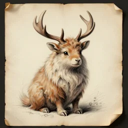 professional vintage, detailed, colored sketch of a fuzzy creature with antlers, full descriptions, on parchment, 8K, HD
