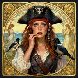 freckled mediterranean pirate girl with pet magpie, seaside backgroud, face of anxiety and longing, young adult fantasy novel cover, intricate, elegant, well composed, highly detailed, art by chengwei pan and viktoria gavrilenko and artgerm and greg rutkowski and alphonse mucha, trending on artstation