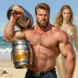 gigachad ron swanson bodybuilder holding a keg of beer in final fight beach by ilya kuvshinov, ernest khalimov body by krista sudmalis, fantasy character portrait, ultra realistic, concept art, intricate details, elegent, digital painting, smooth, sharp focus, illustration, art by artgerm and greg rutkowski and alphonse mucha, artstation