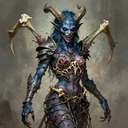 A creepy armored horned fanged demon woman with blue scarred skin wrapped in barbed wire. Extremely high detail, realistic, fantasy art, solo, bones, ornate, textured, cgsociety masterpiece, saturated colors, tricate omnious visionary concept art tangled, ripped flesh, art by Zdzisław Beksiński, Arthur Rackham, Dariusz Zawadzki