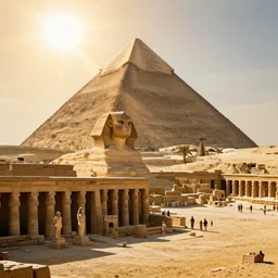 panorama of the ancient egyptian city with temples with a giant pyramid and bright sun crepuscular rays 8 k highly detailed high contrast and sharp hyperornate trending on artstation