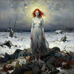 a surrealist painting of a lonely woman with pale skin and red hair, standing over pile of bodies in post apocalyptic snowy landscape, painted by zdzisław beksinski