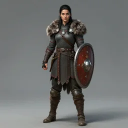 character concept art, female viking concept, black hair, green eyes, young face, full body, armor, shield, chainmail, fur, insist22-pro, realistic, digital art, 8k, highly detailed