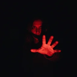 Tension building scene person coming out of pitch black shadows with hand and eyes illuminated by red light grasping toward the camera, horror movie, Movie Cinematography, 4k