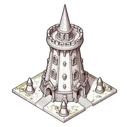 isometric view of wizard tower, colored lineart game tile