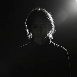 backlit portrait in a darkroom, black and white photography