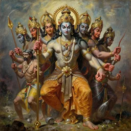 an epic dramatic Asura King Ravan with ten heads, from Ramayan , by Bruce Pennington, by Wayne Barlowe, by Greg Rutkowski, oil on canvas, masterpiece, detailed, dynamic, cinematic composition, beautiful lighting, view from ground, trending on artstation, top on pixiv, 8K, no frames,