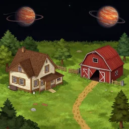 next to a farm house and a barn, with human footprints leading to the barn, on a remote planet, from a space themed point and click 2 d graphic adventure game, detailed, set design inspired slightly by hg giger, art inspired by thomas kinkade