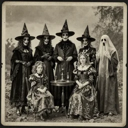 victorian family of cenobites | posing with grotesque witches and ghosts | vintage photo, monochrome plate, old photo, distressed, deteriorated, grunge, antique, light sepia tone, horror, madness