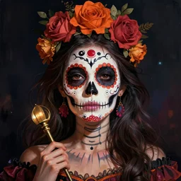 illustration of a sugar skull day of the dead girl, art by victor moscoso