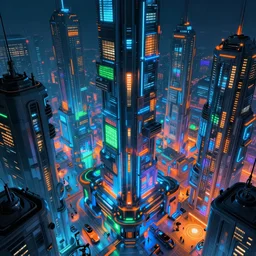 futuristic sci-fi city at night with bright neon lights contrasting heavily with dark ominous buildings in three point perpective, primarily blue in color with orange and green accents, vibrant, contrast, 4k, volumetric, HDR, crisp, detailed, beautiful, concept art, matte painting, artstation, dynamic, colorful, spacious, reflective windows, futuristic cars, people, robots, sharp detailed reflections