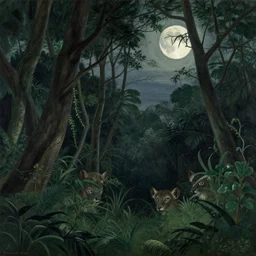 Edge of the Jungle under moonlight, with animals eyes peering through the trees [wide image], Henri Rousseau