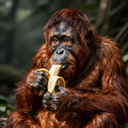 an orangutang putin eating a banana